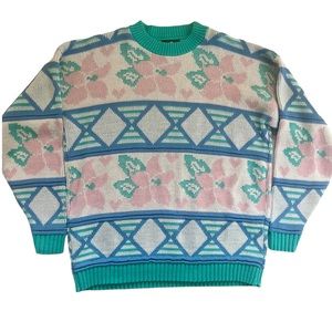 Vintage Cabin Creek Pastel Floral Knit Crewneck Sweater Size Medium